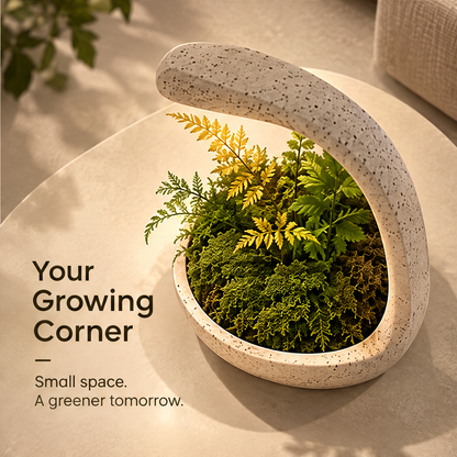 CARTOVE Stone Crescent Grow Light Planter on marble surface with vases — Designed for Modern Living