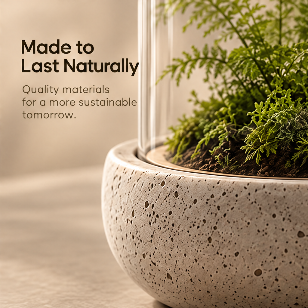 CARTOVE Glass Dome Terrarium stone-textured base close-up with moss and glass edge — Made to Last Naturally