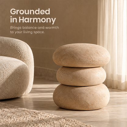 CARTOVE Stacked Pebble Stool beside sofa in living room — Grounded in Harmony