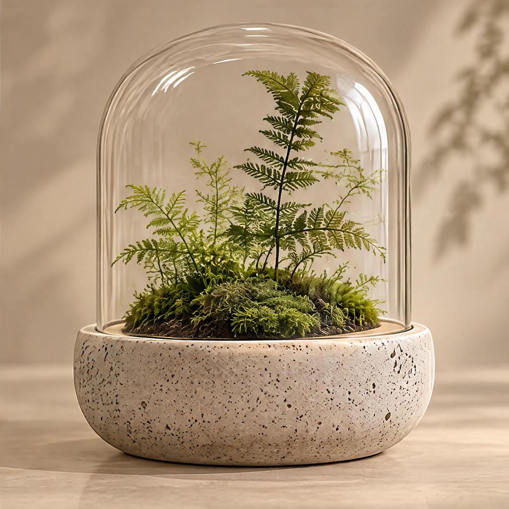CARTOVE Glass Dome Terrarium clean product shot on neutral surface full view